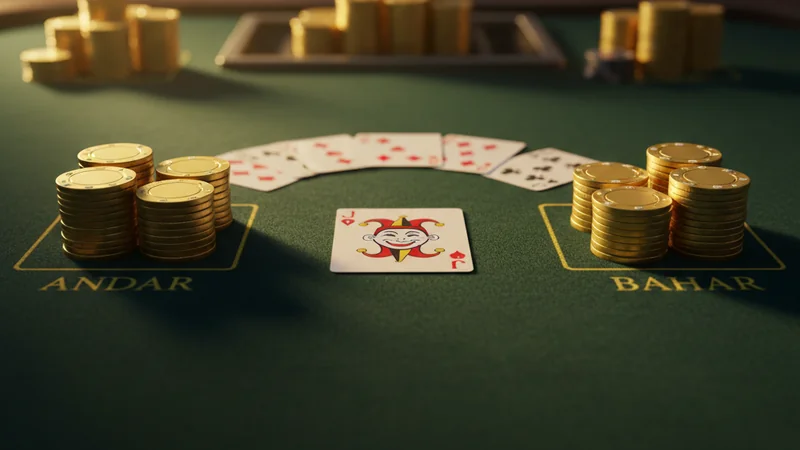 Online casino Andar Bahar card game featuring a central joker card and gold betting chips on green felt.