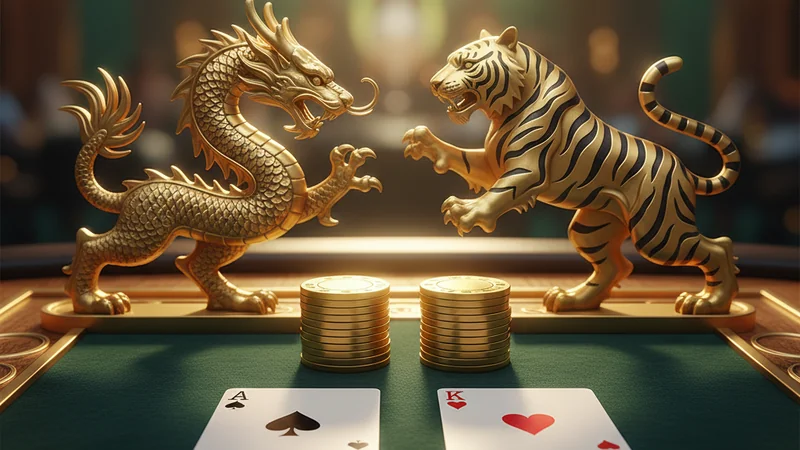 Two playing cards on green online casino felt with golden dragon and tiger emblems and stacked gold chips.
