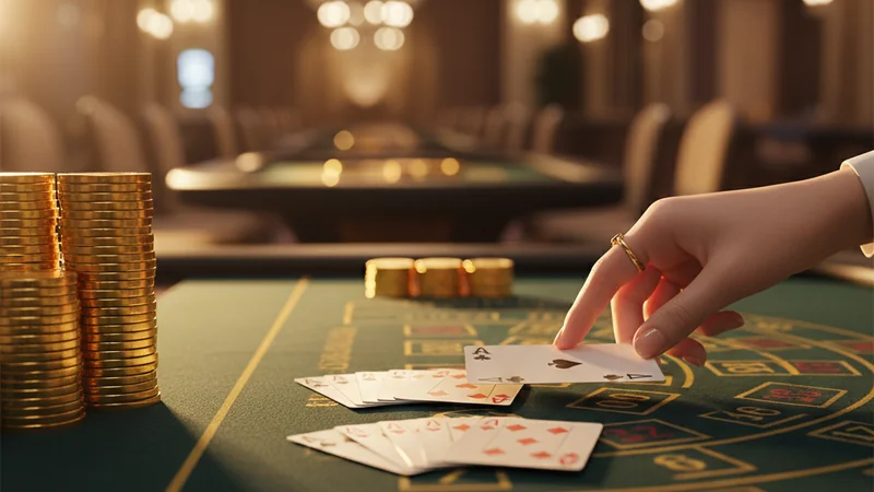 Live dealer baccarat game at an online casino with fanned cards and gold chips on green felt.