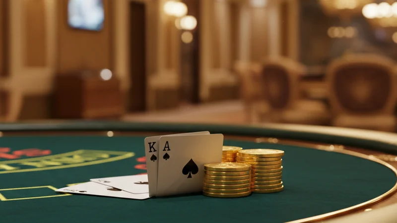 Winning blackjack hand with an ace and king natural 21 next to gold chips on a green felt online casino table.
