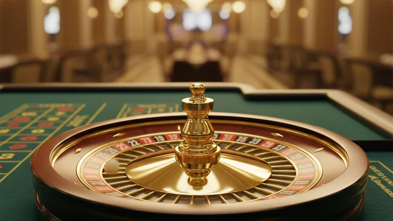 Spinning European roulette wheel with gold and red details and an ivory ball in motion at an online casino.