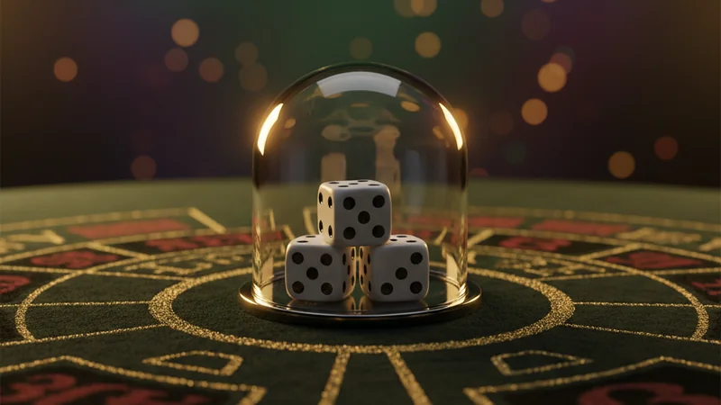 Three white dice in a glass shaker dome on a luxurious online casino table game layout with gold trim.